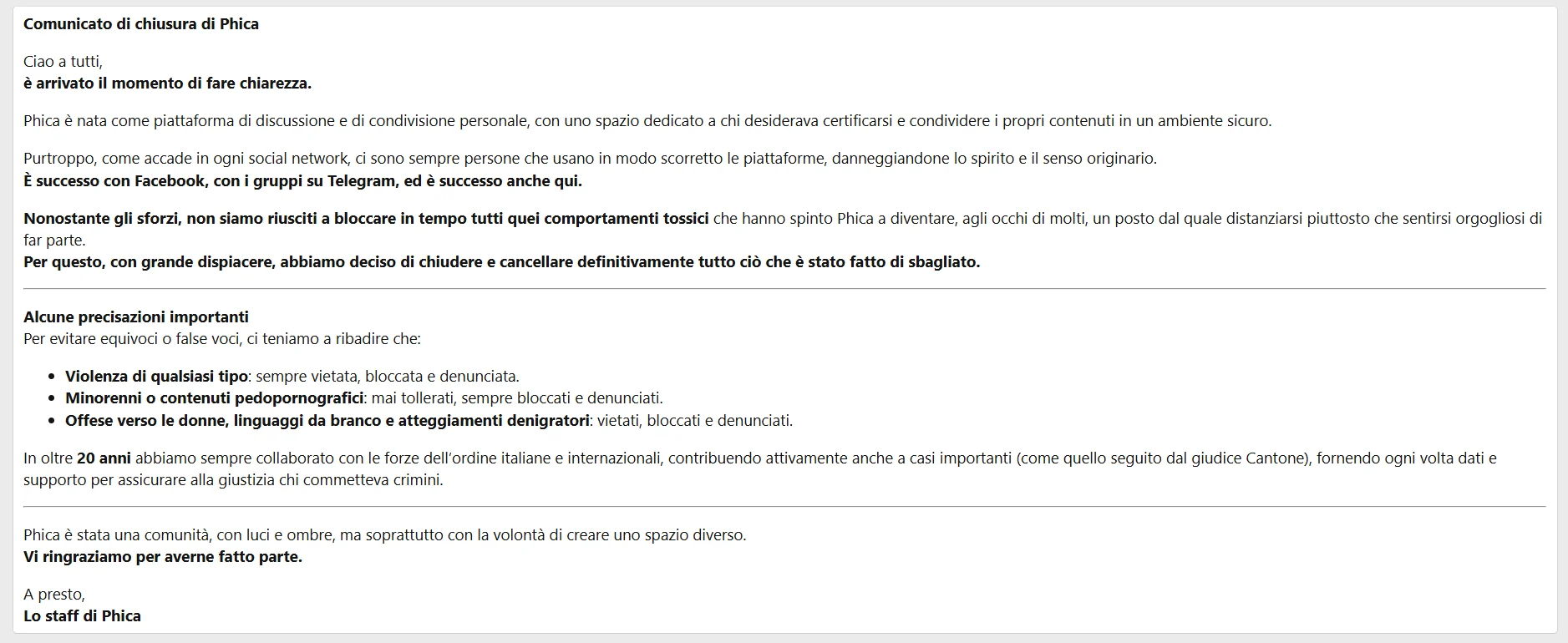 phica comunicato chiusura