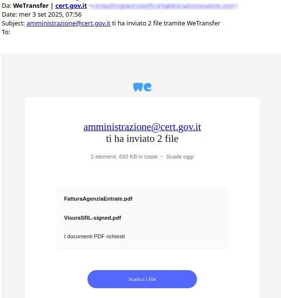 email truffa agenzia delle entrate wetransfer
